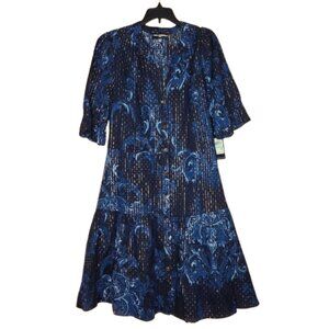 NWT Karl Lagerfeld Paris Women's Printed Tiered Belted Dress - Navy Multi